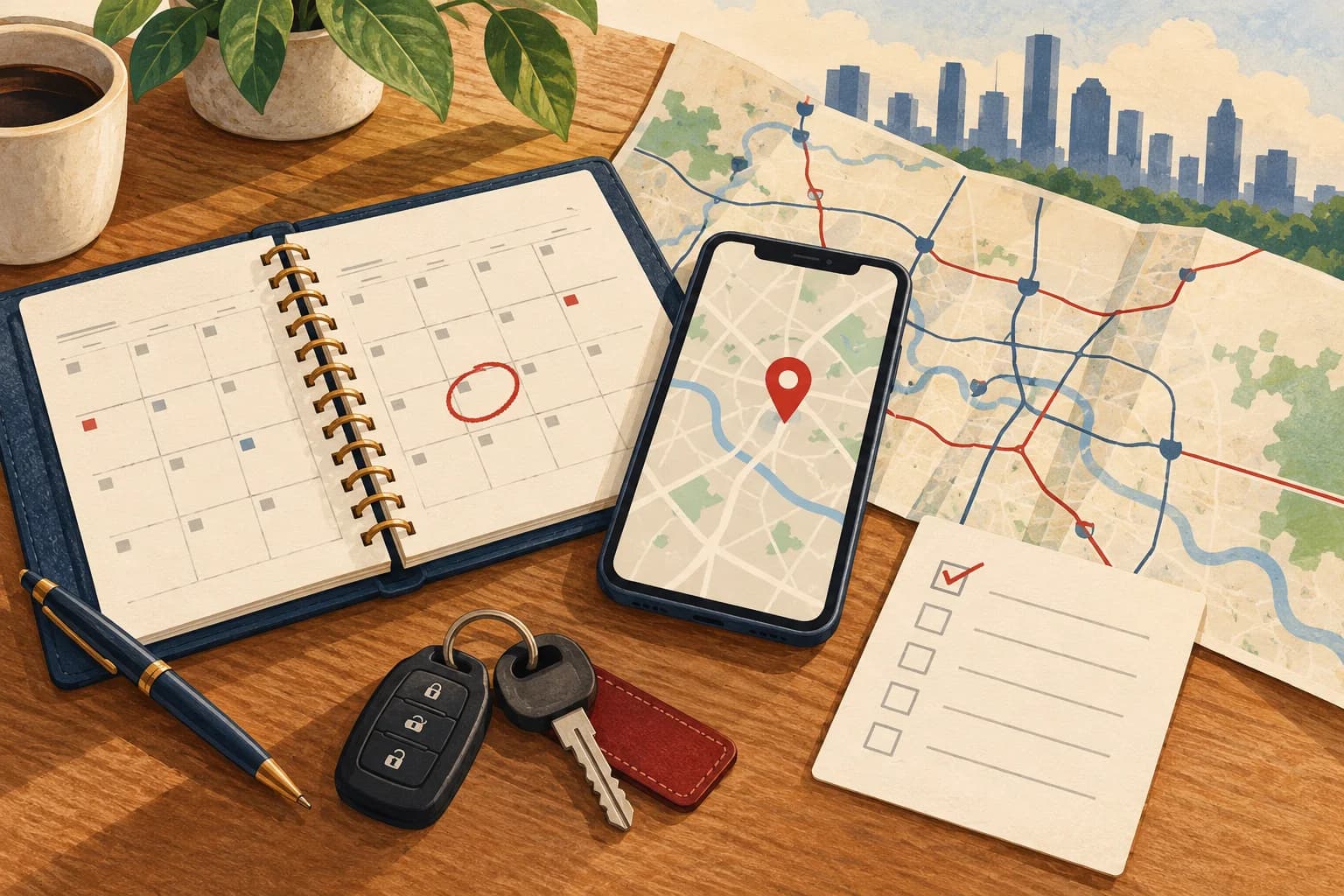 Ilustración de un calendario, mapa, teléfono, lista y llaves para preparar una visita a una clínica en Houston